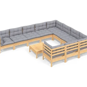 11-delige Loungeset met grijze kussens grenenhout 11-delige Loungeset met grijze kussens grenenhout