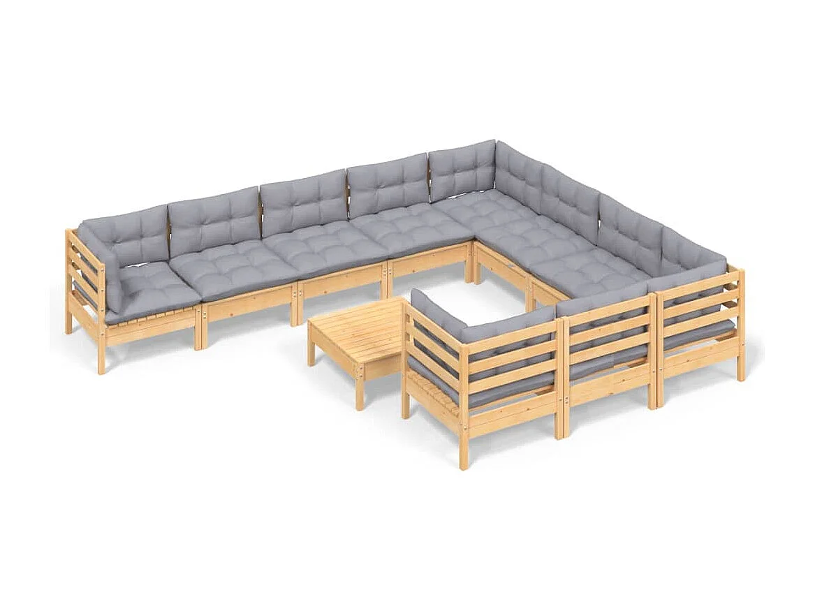 11-delige Loungeset met grijze kussens grenenhout