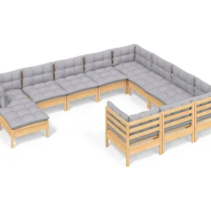 11-delige Loungeset met grijze kussens grenenhout 11-delige Loungeset met grijze kussens grenenhout