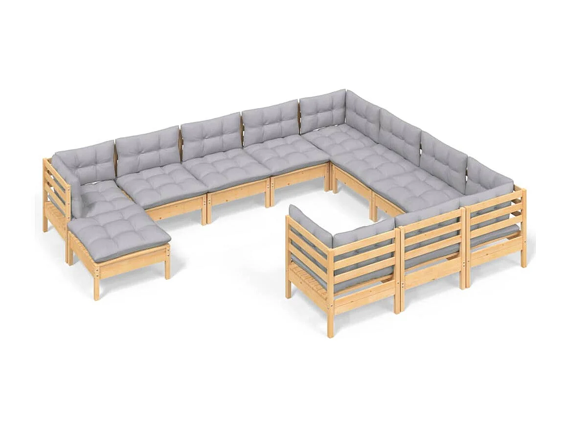 11-delige Loungeset met grijze kussens grenenhout