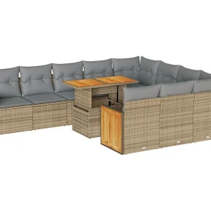 11-delige Tuinset met kussens poly rattan acacia beige
