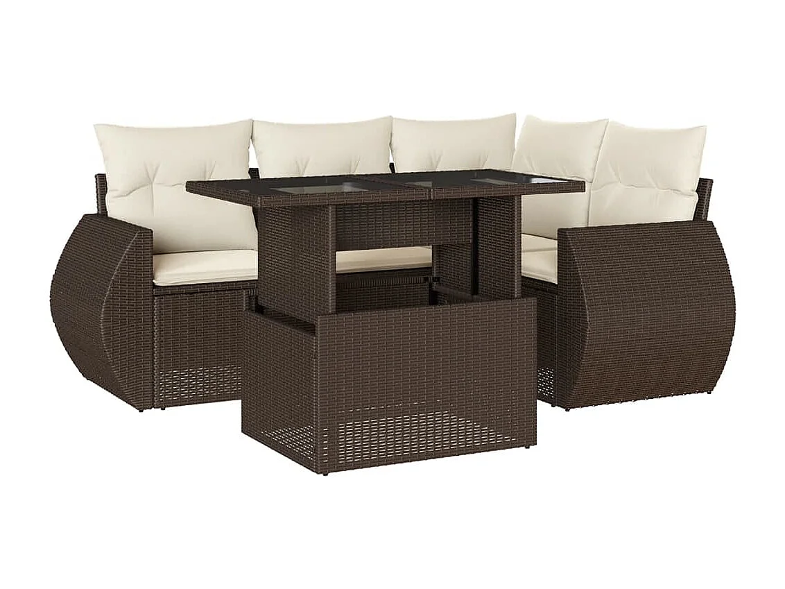 5-delige Loungeset met kussens poly rattan bruin