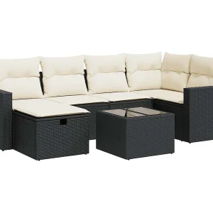 7-delige Loungeset met kussens poly rattan zwart 7-delige Loungeset met kussens poly rattan zwart
