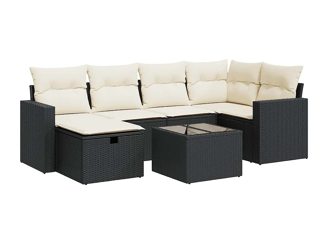 7-delige Loungeset met kussens poly rattan zwart