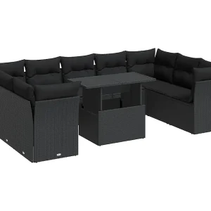 10-delige Loungeset met kussens poly rattan zwart