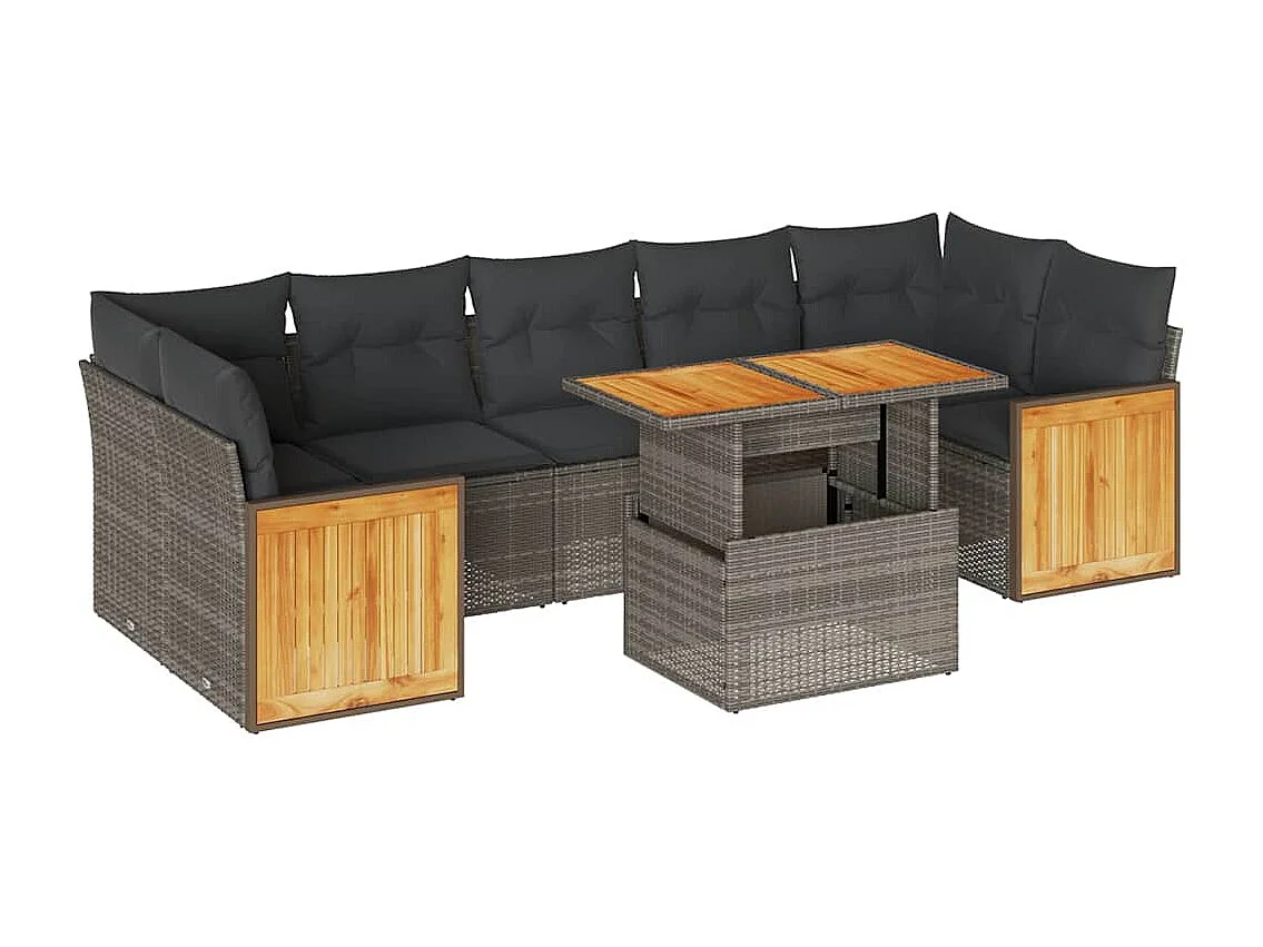 8-delige Loungeset met kussens poly rattan acacia grijs