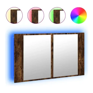 Badkamerkast met spiegel LED 80x12x45 acryl gerookt eikenkleur
