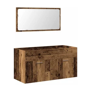 Badkamerkast met spiegel bewerkt hout oud houtkleurig Badkamerkast met spiegel bewerkt hout oud houtkleurig