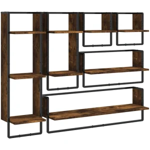 6-delige Wandschappenset met stangen bewerkt hout gerookt eiken 6-delige Wandschappenset met stangen bewerkt hout gerookt eiken