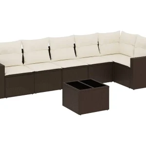 7-delige Loungeset met kussens poly rattan bruin