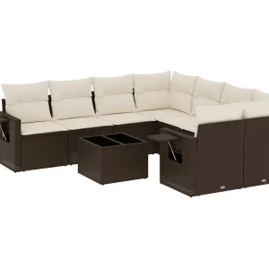 9-delige Loungeset met kussens poly rattan bruin