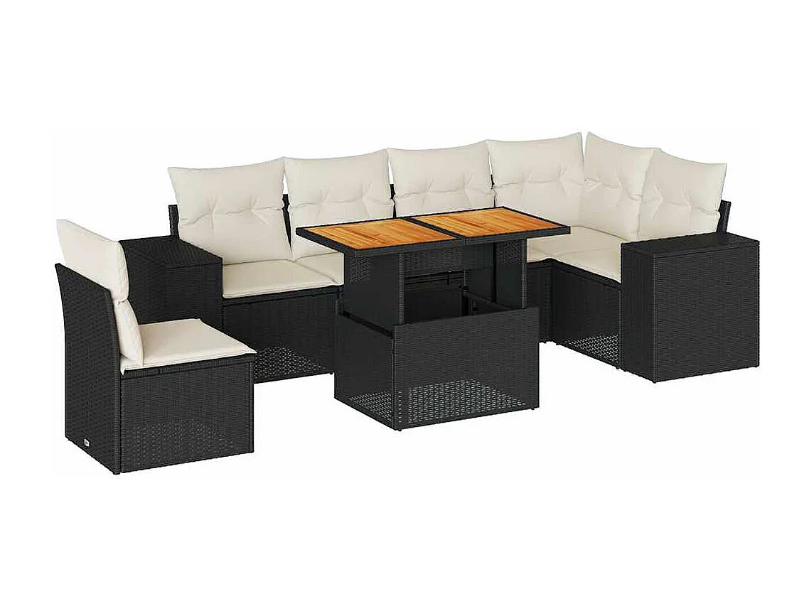 7-delige Loungeset met kussens poly rattan zwart
