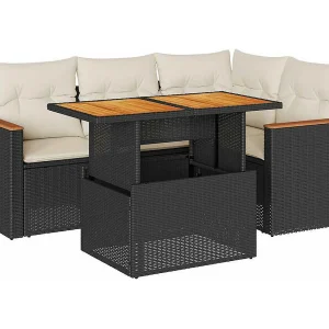 5-delige Loungeset met kussens poly rattan acacia zwart