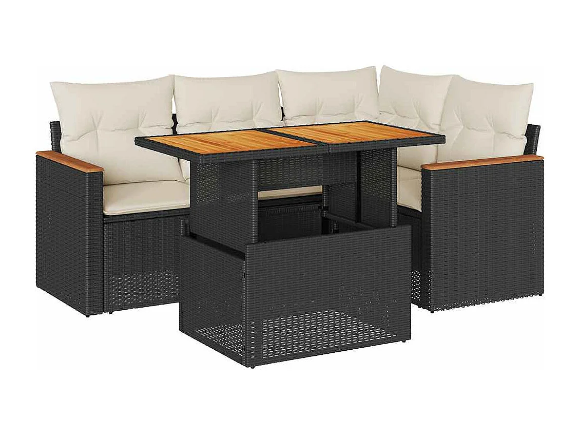 5-delige Loungeset met kussens poly rattan acacia zwart