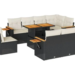 9-delige Loungeset met kussens poly rattan acacia zwart 9-delige Loungeset met kussens poly rattan acacia zwart