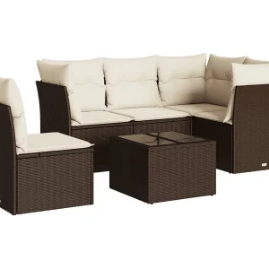 6-delige Loungeset met kussens poly rattan bruin 6-delige Loungeset met kussens poly rattan bruin