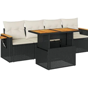 5-delige Loungeset met kussens poly rattan acacia zwart