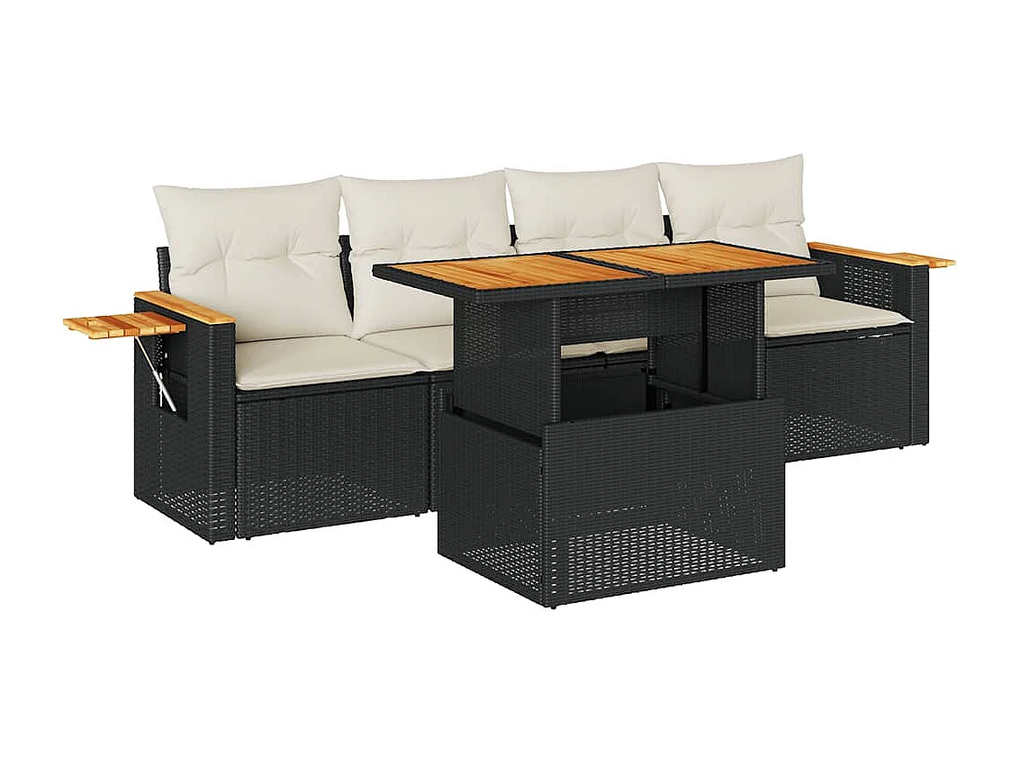 5-delige Loungeset met kussens poly rattan acacia zwart