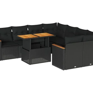 9-delige Loungeset met kussens poly rattan acacia zwart 9-delige Loungeset met kussens poly rattan acacia zwart