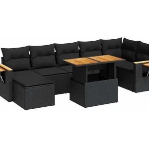 8-delige Loungeset met kussens poly rattan acacia zwart 8-delige Loungeset met kussens poly rattan acacia zwart