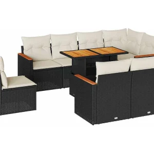 9-delige Loungeset met kussens poly rattan acacia zwart 9-delige Loungeset met kussens poly rattan acacia zwart