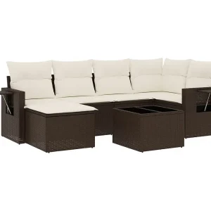 7-delige Loungeset met kussens poly rattan bruin