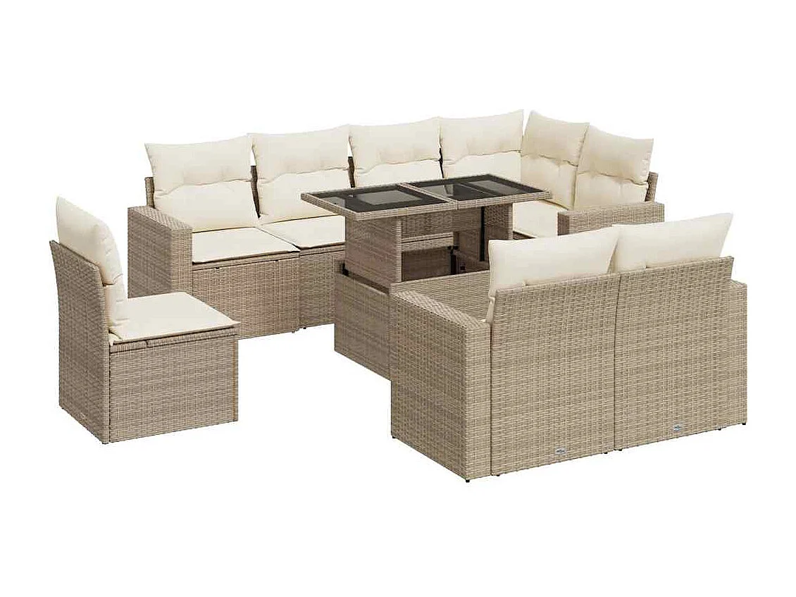 9-delige Loungeset met kussens poly rattan beige