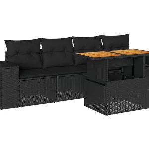 5-delige Loungeset met kussens poly rattan zwart 5-delige Loungeset met kussens poly rattan zwart