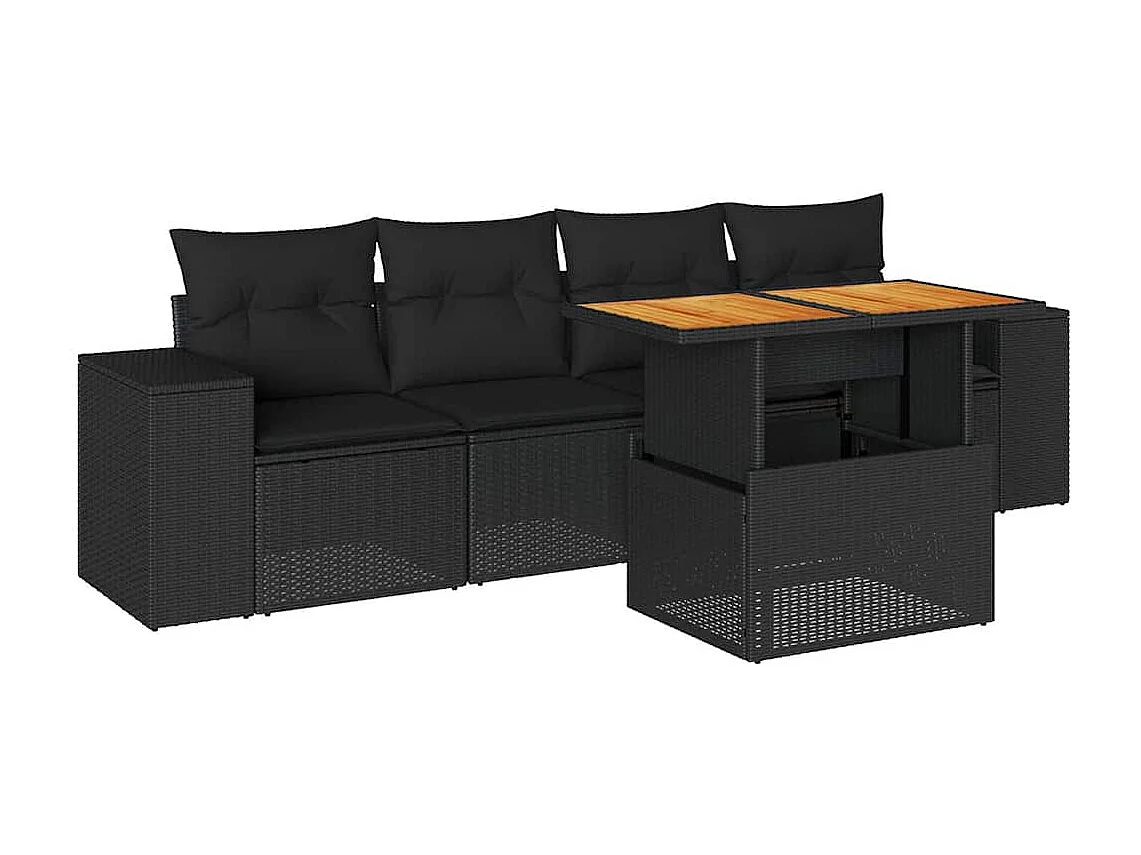 5-delige Loungeset met kussens poly rattan zwart