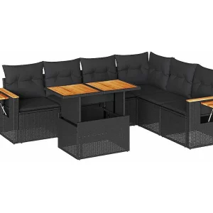 7-delige Loungeset met kussens poly rattan acacia zwart 7-delige Loungeset met kussens poly rattan acacia zwart