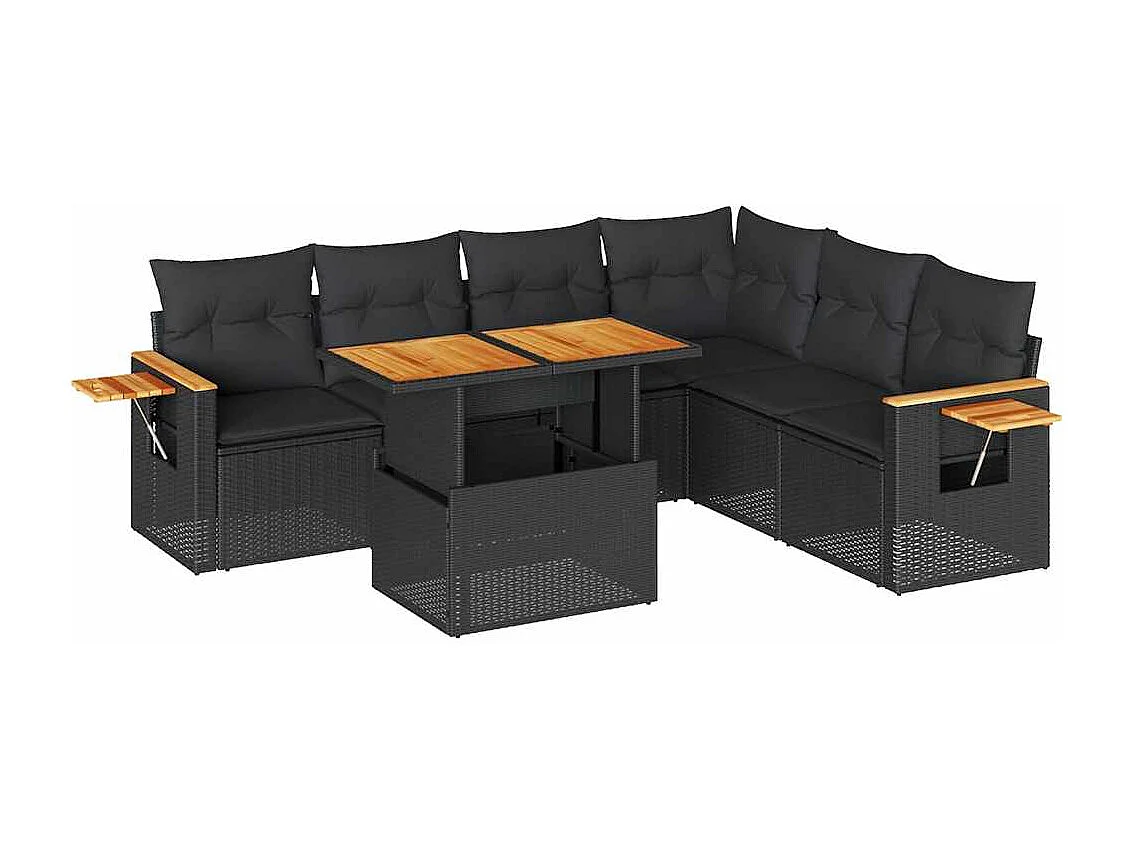 7-delige Loungeset met kussens poly rattan acacia zwart