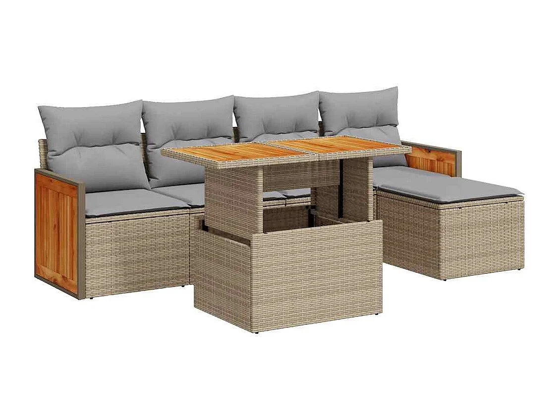 6-delige Loungeset met kussens poly rattan acacia beige