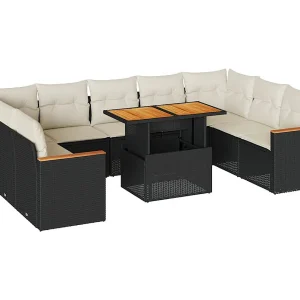 10-delige Loungeset met kussens poly rattan acacia zwart