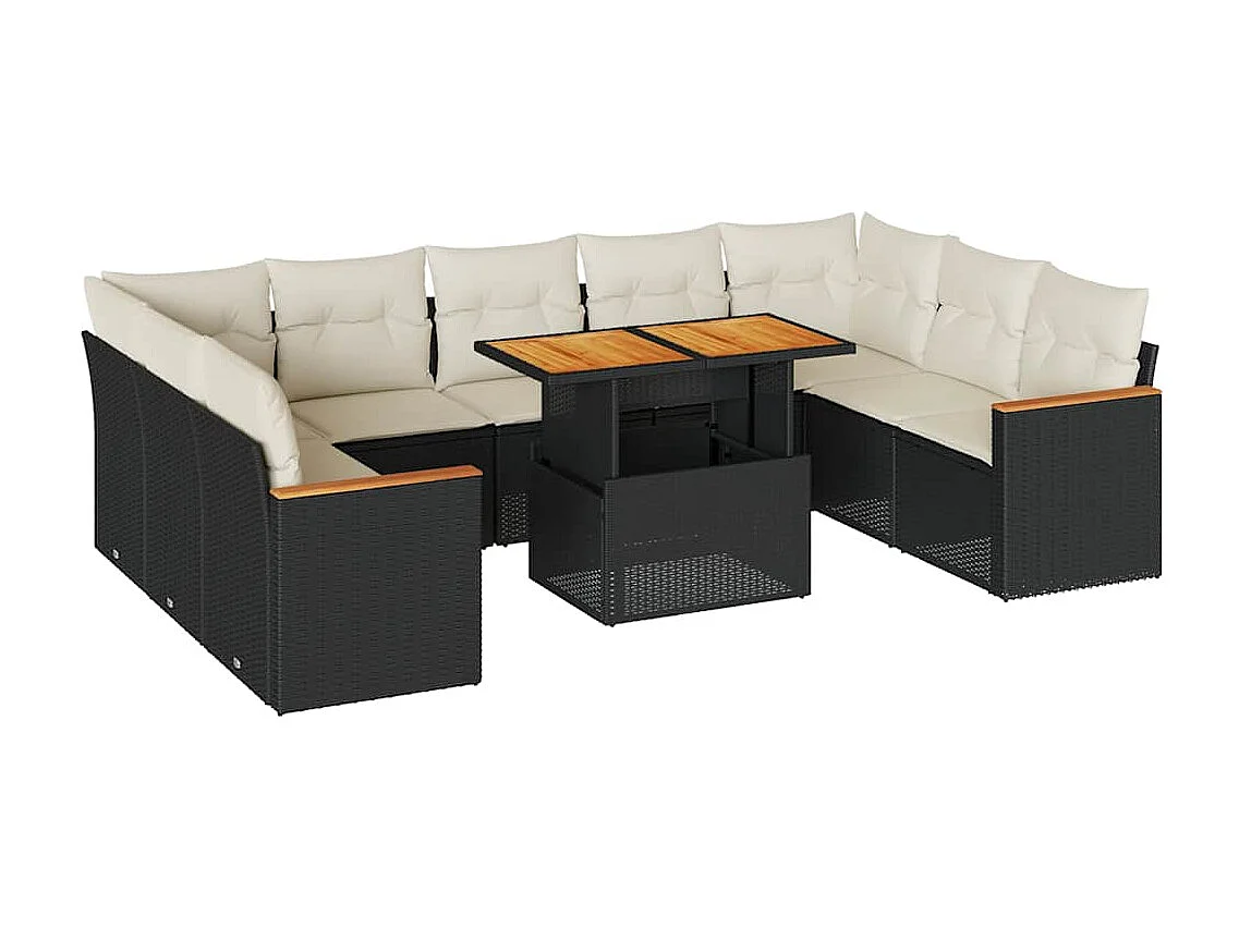 10-delige Loungeset met kussens poly rattan acacia zwart