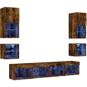 8-delige tv-wandmeubelset met LED bewerkt hout gerookt eiken