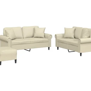3-delige Loungeset met kussens kunstleer crèmekleurig