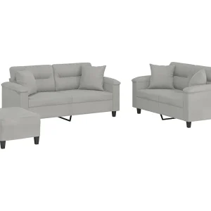 3-delige Loungeset met kussens microvezelstof lichtgrijs