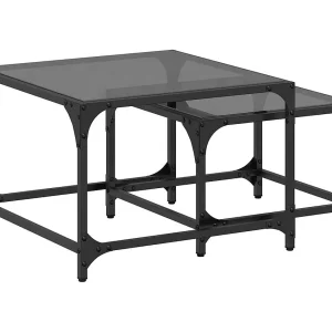 2-delige Tafeltjesset met zwart glazen blad staal