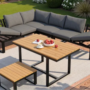 6-delige Tuinset met Verstelbare Rugleuning – met Eettafel en Salontafel – Stalen Frame – Grijze Kussens