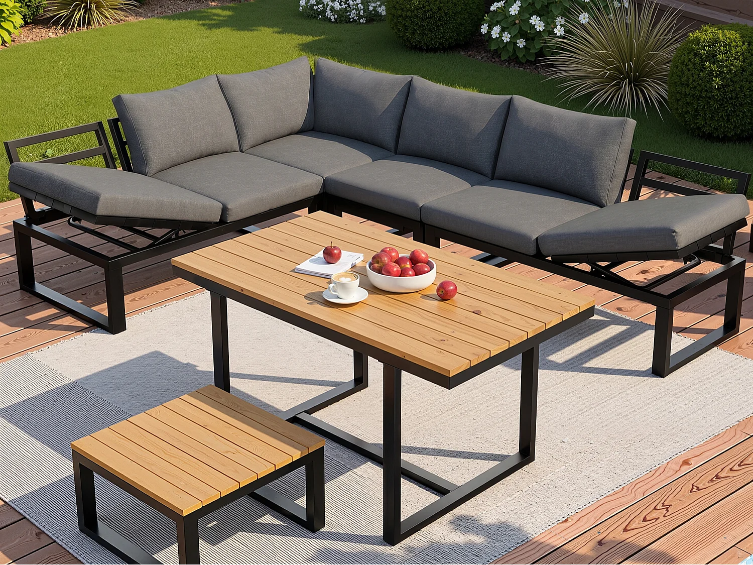 6-delige Tuinset met Verstelbare Rugleuning - met Eettafel en Salontafel - Stalen Frame - Grijze Kussens