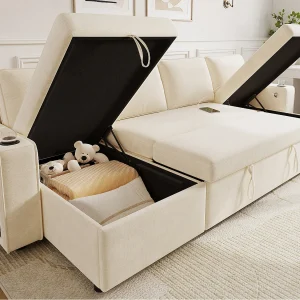 4-persoons slaapbank in U-vorm – met bekerhouder – met zijplanken – uitgerust met USB/Type-C-interface – Chenille – beige 4-persoons slaapbank in U-vorm – met bekerhouder – met zijplanken – uitgerust met USB/Type-C-interface – Chenille – beige