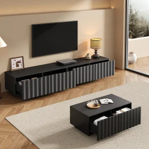 2-delige woonkamerset – tv-meubel + salontafel – golvend design – met lades – MDF + spaanplaat – zwart 2-delige woonkamerset – tv-meubel + salontafel – golvend design – met lades – MDF + spaanplaat – zwart