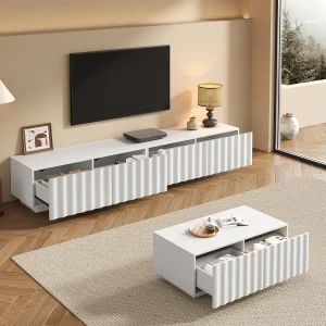 2-delige woonkamerset – tv-meubel + salontafel – golvend design – met lades – MDF + spaanplaat – wit 2-delige woonkamerset – tv-meubel + salontafel – golvend design – met lades – MDF + spaanplaat – wit