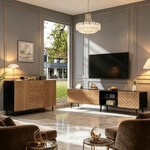 2-delige woonkamerset – tv-meubel + dressoir – met lades + deuren + plank – spaanplaat – naturel 2-delige woonkamerset – tv-meubel + dressoir – met lades + deuren + plank – spaanplaat – naturel