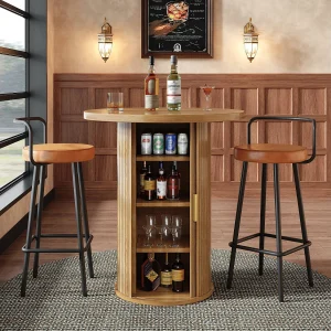 3-delige bartafel- en barkrukkenset – tafel met opbergruimte + 2 ergonomische barkrukken – MDF + metaal – naturel