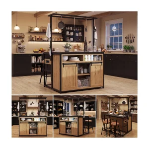 3-delige keukenset met kookeiland en barkrukken – Keukenblok met stopcontact + bijpassende barkrukken – MDF + metaal – Naturel 3-delige keukenset met kookeiland en barkrukken – Keukenblok met stopcontact + bijpassende barkrukken – MDF + metaal – Naturel