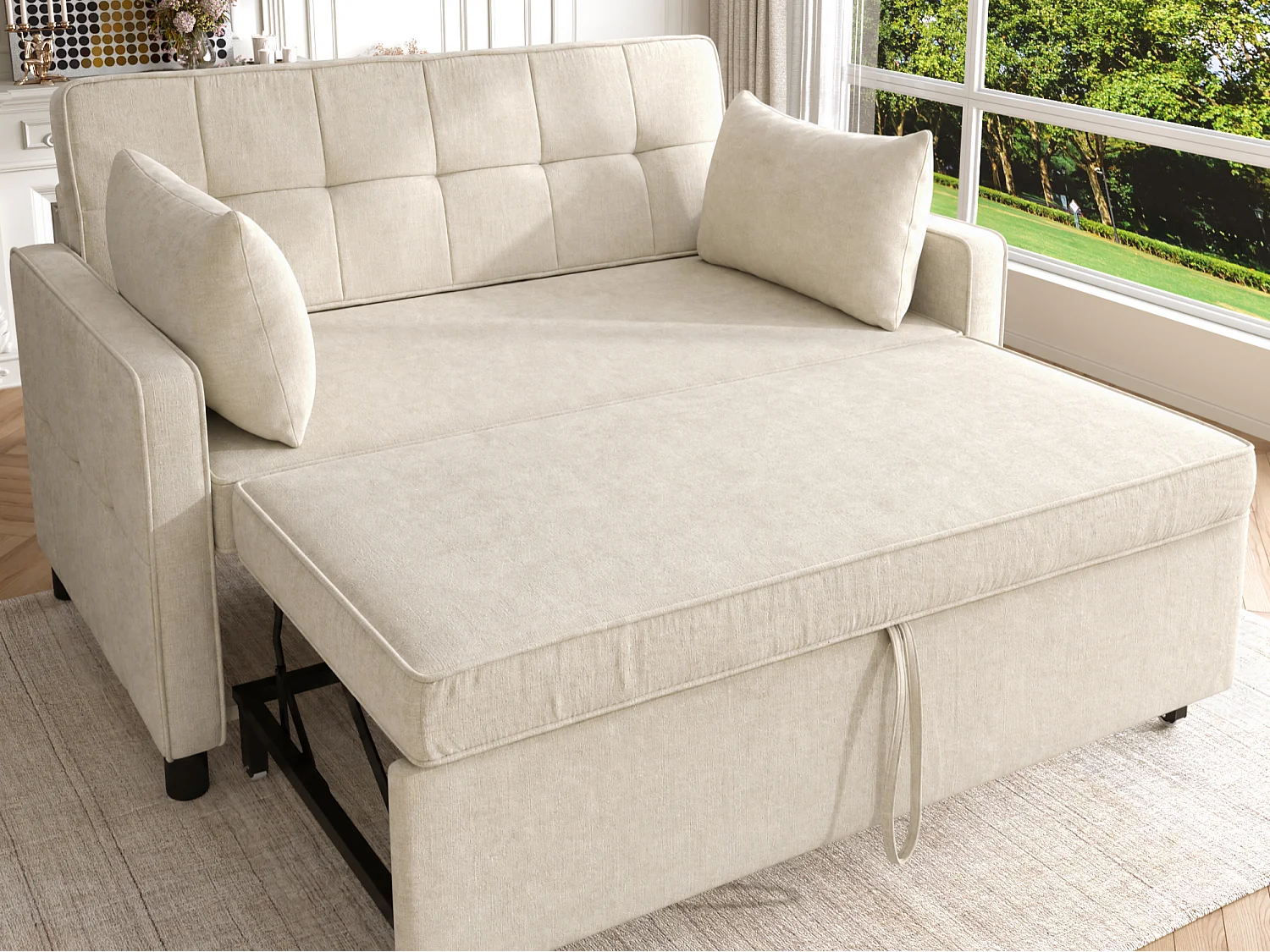 Bank 142x79x85 cm - Verstelbare rugleuning - Chenille - Met 2 kussens - Beige