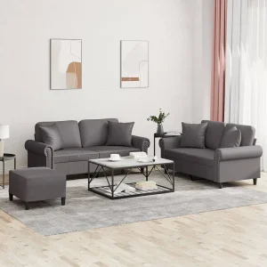 3-delige Loungeset met kussens kunstleer grijs