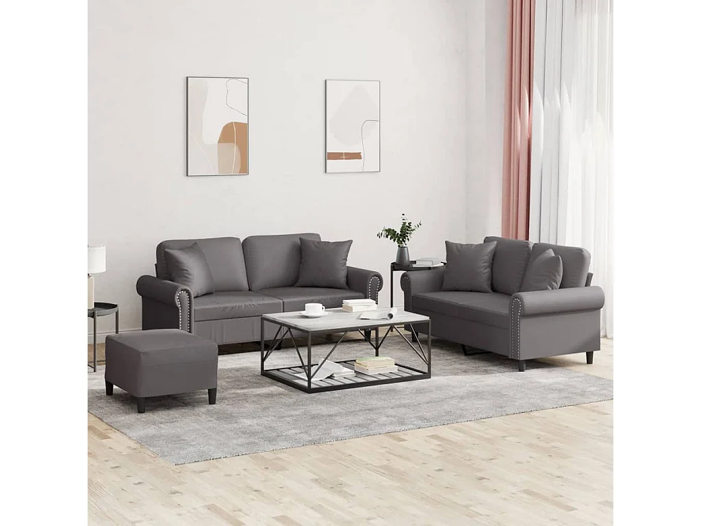 3-delige Loungeset met kussens kunstleer grijs