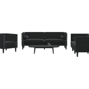 3-delige Loungeset Chesterfield met bolsters fluweel zwart 3-delige Loungeset Chesterfield met bolsters fluweel zwart